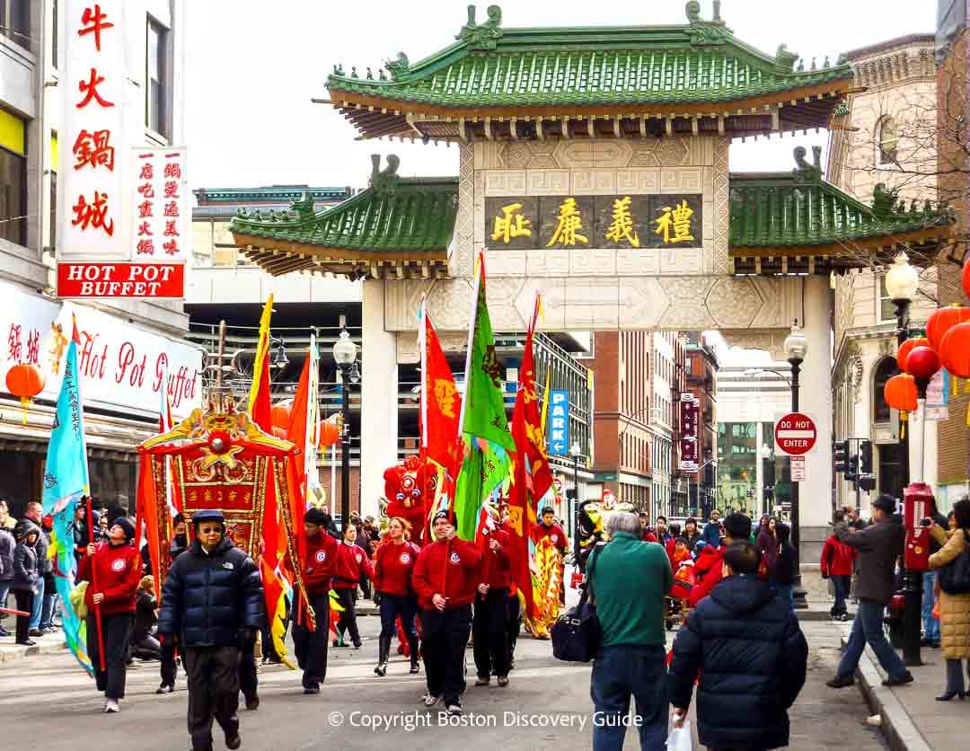 Boston Chinatown Gate with Chinese New Year Parade