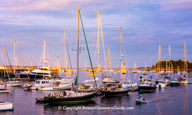 Boats in a Maine harbor along the coast 