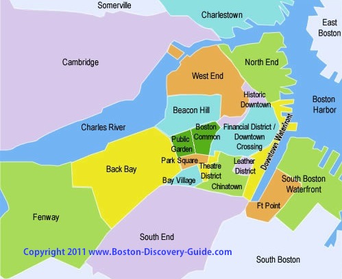 Neighborhoods In Boston Map Boston Sightseeing Map and Attractions Guide   Boston Discovery Guide
